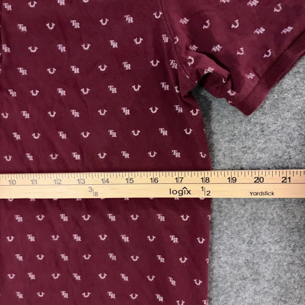 True Religion Polo Shirt Mens Small Burgundy‎ All Over Print Grunge Y2K Skate